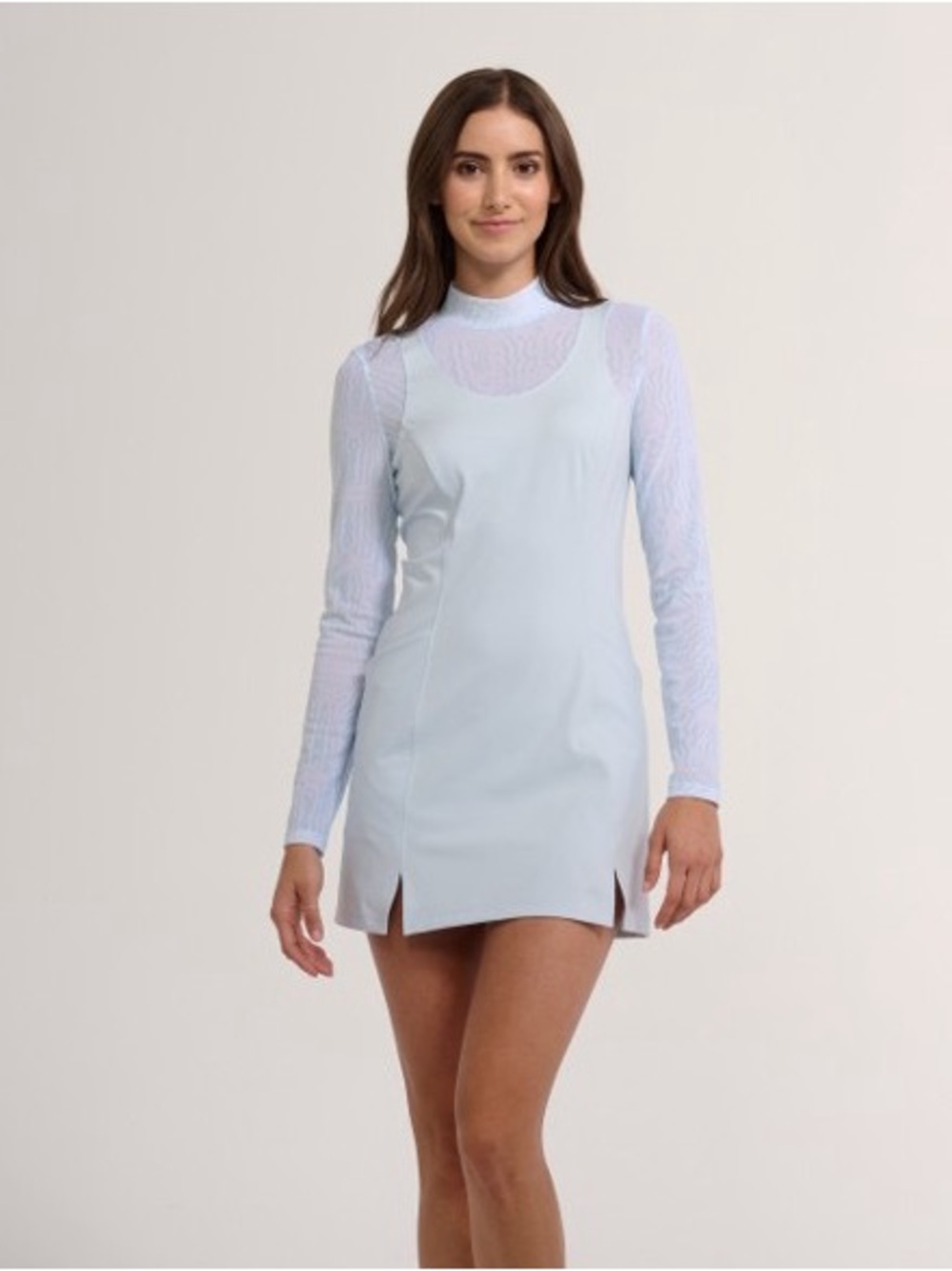Bad Birdie Light Blue Mock Neck Golf Dress with Sheer Long Sleeves | Size Medium